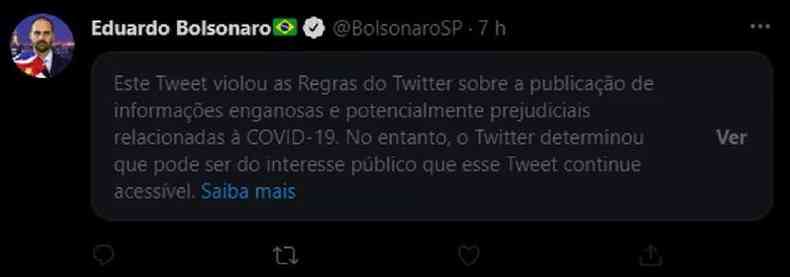Twitter alertou para 'informaes enganosas' em post de Eduardo Bolsonaro(foto: Twitter)