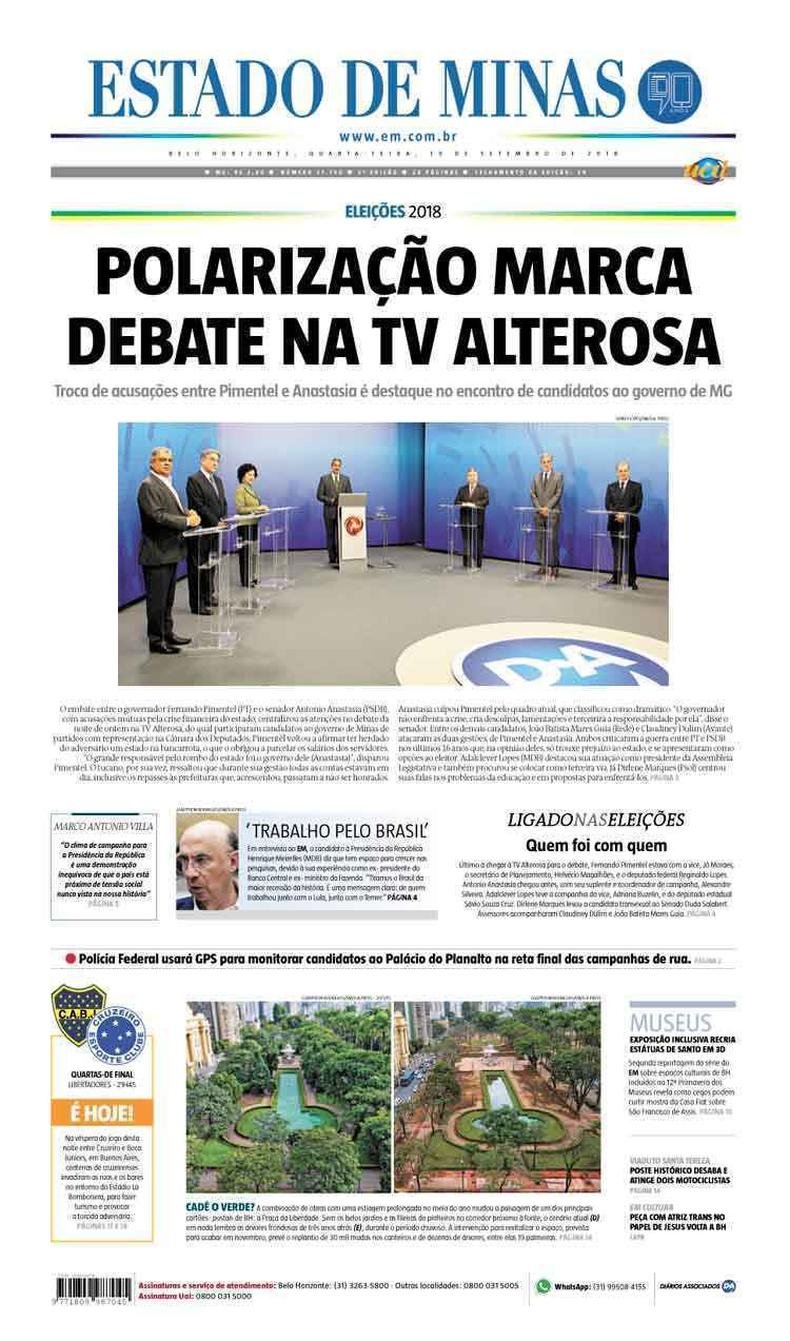 Confira a Capa do Jornal Estado de Minas do dia 19/09/2018(foto: Estado de Minas)