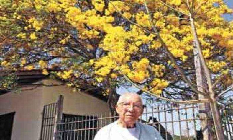 Comerciante Antônio Nonato Carvalho se encanta com o belo e atraente ipê-amarelo, plantado há quase 40 anos pela falecida esposa(foto: Jair Amaral/EM/D.A Press) Antônio Nonato, 99 anos e o lindo ipê amarelo
