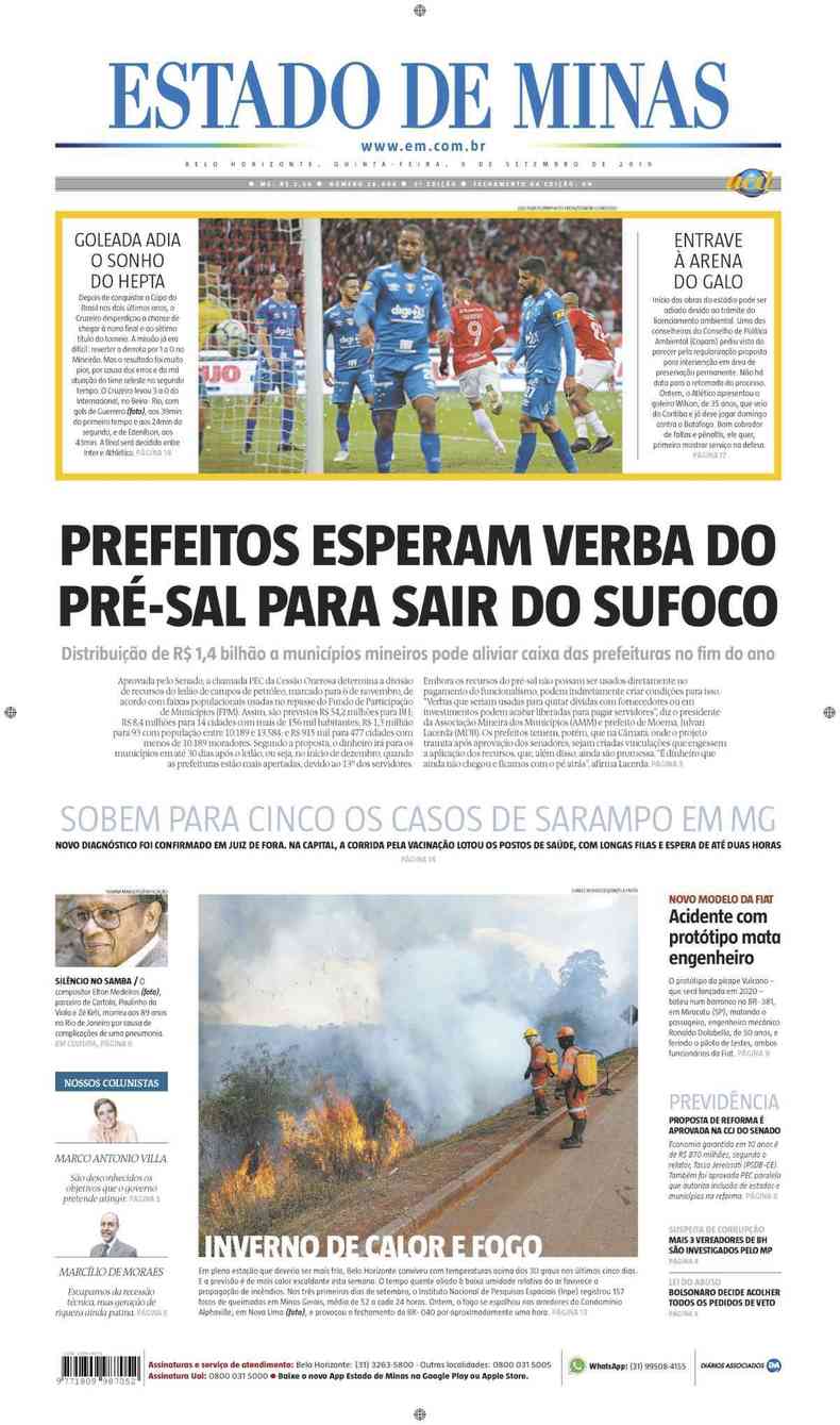 Confira a Capa do Jornal Estado de Minas do dia 05/09/2019(foto: Estado de Minas)