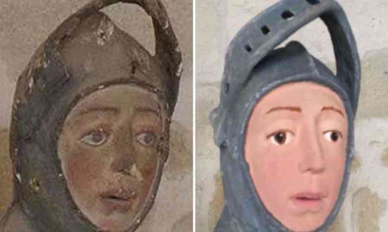 Escultura de So Jorge antes e depois da restaurao(foto: ARTUS RESTAURACIN PATRIMONIO )