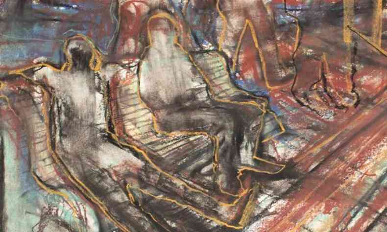 Pintura mostra figuras sentadas num banco de rua