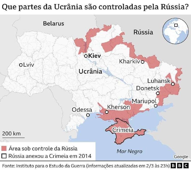 (foto: BBC) Mapa mostra áreas controladas pela Russia