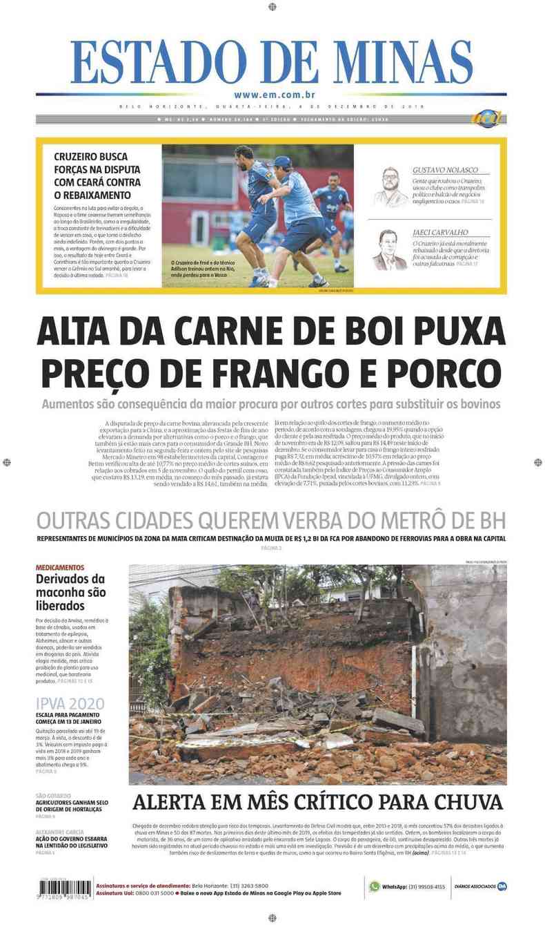 Confira a Capa do Jornal Estado de Minas do dia 04/12/2019(foto: Estado de Minas)