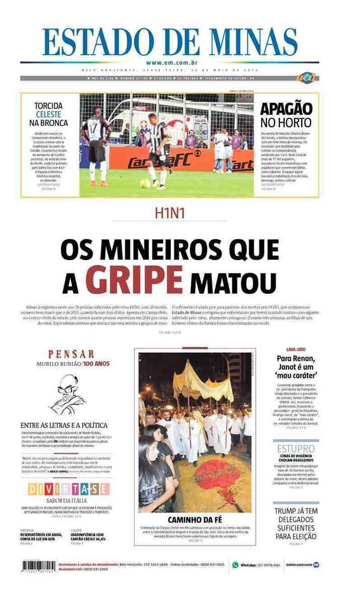 Confira a Capa do Jornal Estado de Minas do dia 27/05/2016