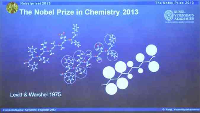  Esboo ilustra o anncio dos trs qumicos moleculares como ganhadores do Nobel(foto: AFP PHOTO / JONATHAN NACKSTRAND )