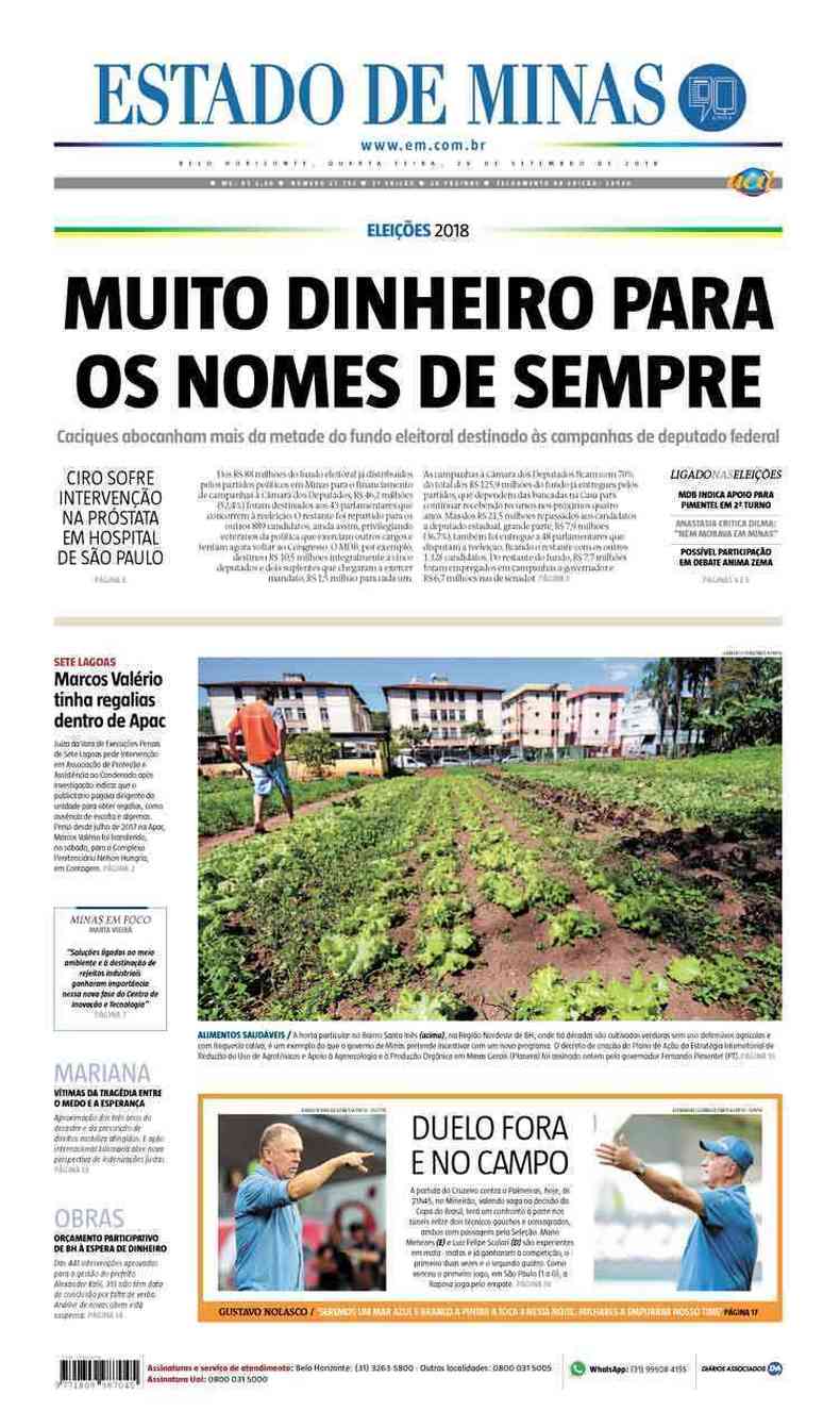 Confira a Capa do Jornal Estado de Minas do dia 26/09/2018(foto: Estado de Minas)