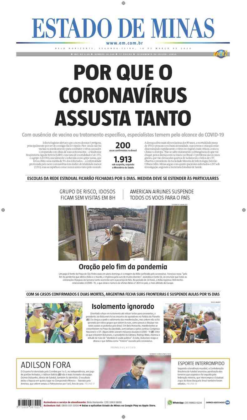 Confira a Capa do Jornal Estado de Minas do dia 16/03/2020(foto: Estado de Minas)