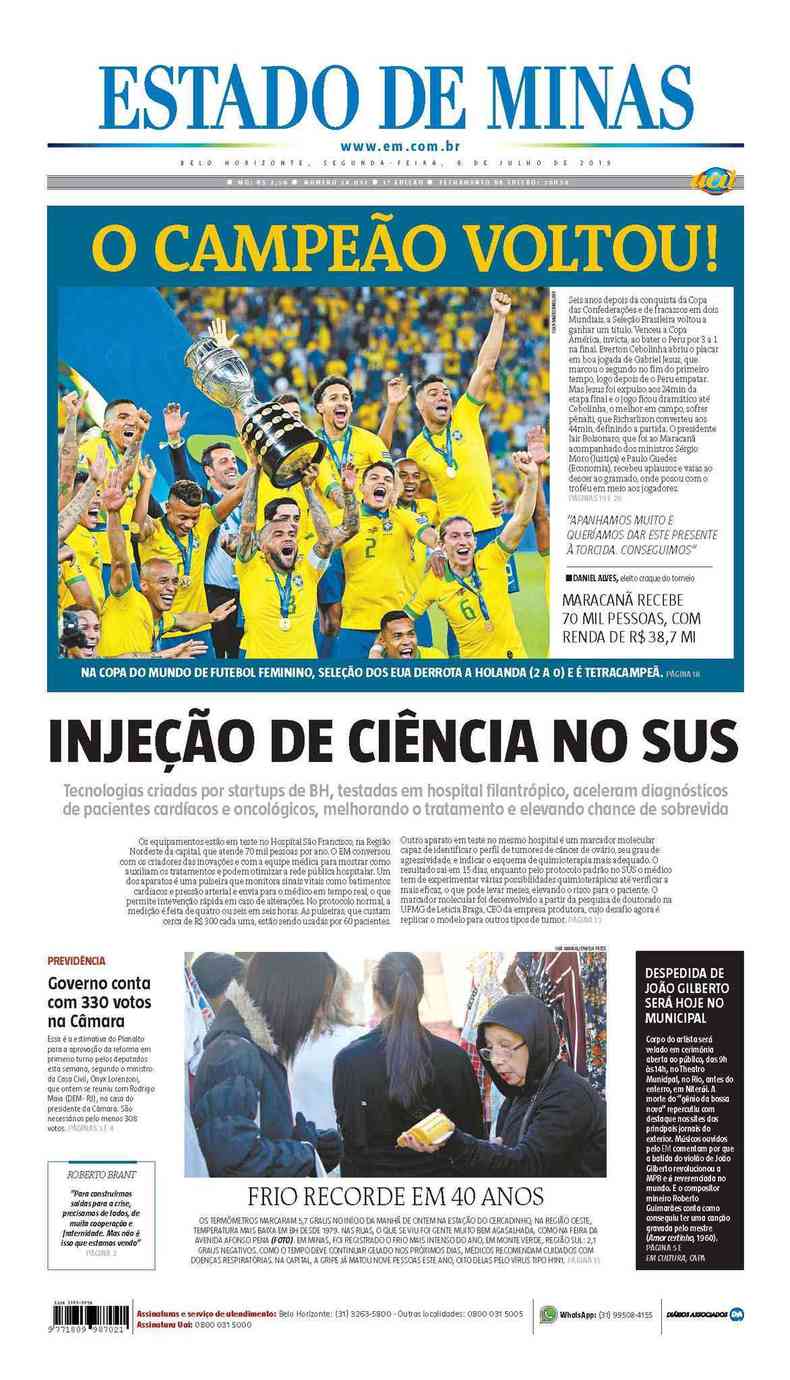 Confira a Capa do Jornal Estado de Minas do dia 08/07/2019(foto: Estado de Minas)