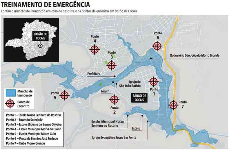 Confira a mancha de inundao em caso de desastre e os pontos de encontro em Baro de Cocais (clique para ampliar)(foto: Arte EM)
