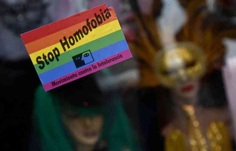 Bandeira de manifestante, onde est escrito 'Stop homofobia'