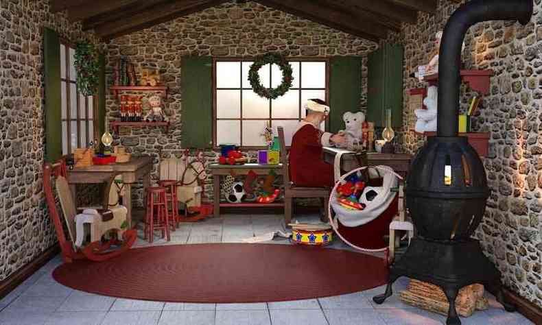 Papai Noel em sua oficina de brinquedos