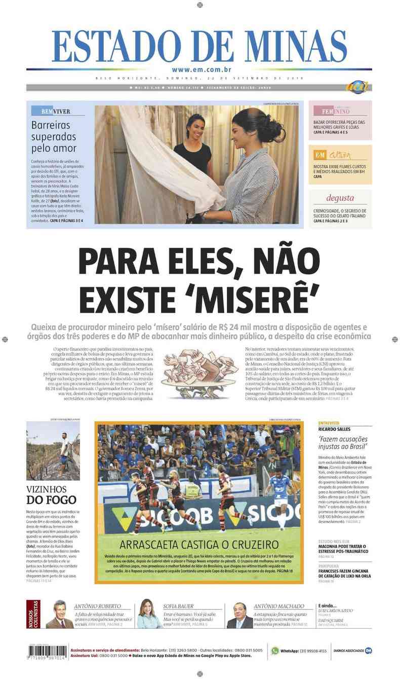 Confira a Capa do Jornal Estado de Minas do dia 22/09/2019(foto: Estado de Minas)