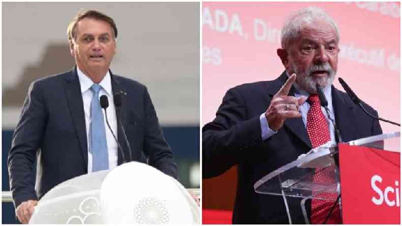 Colagem de fotos com Bolsonaro e Lula discursando em palanques de eventos