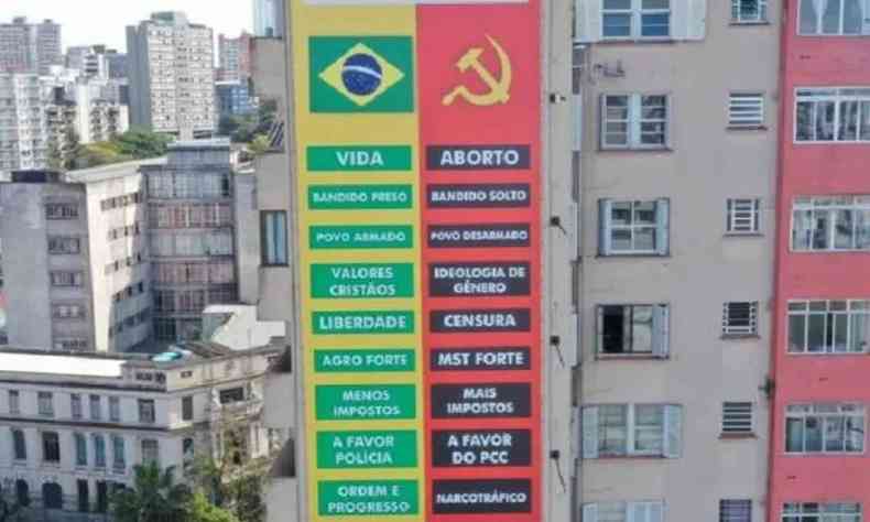 Outdoor em prdio com bandeira do Brasil e Foice e Martelo, comparando o lado patriota ao comunismo