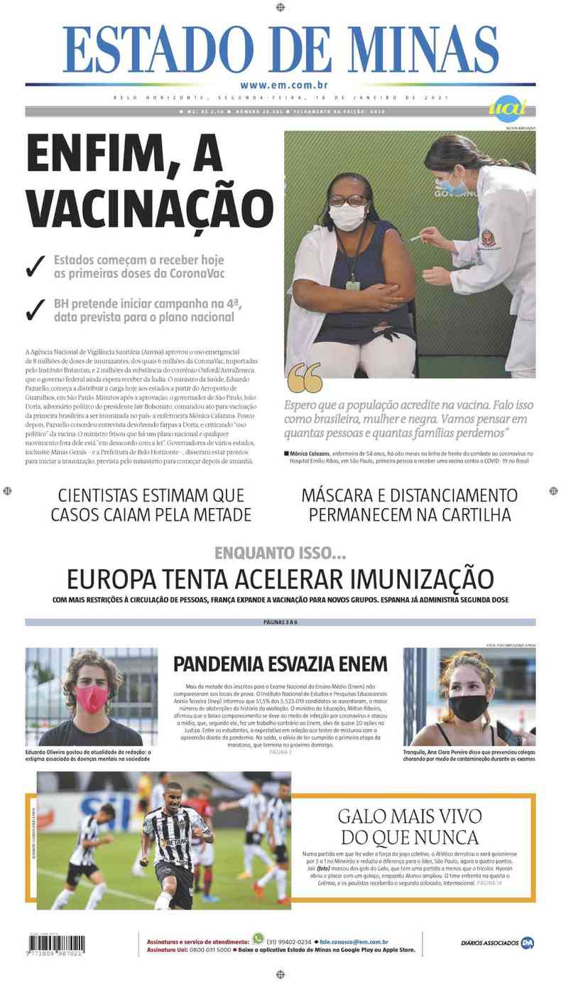Confira a Capa do Jornal Estado de Minas do dia 18/01/2021(foto: Estado de Minas)