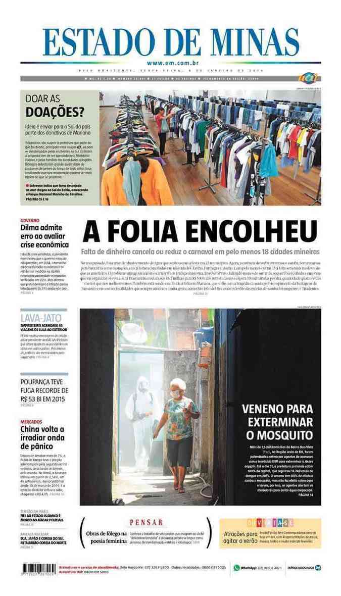 Confira a Capa do Jornal Estado de Minas do dia 08/01/2016
