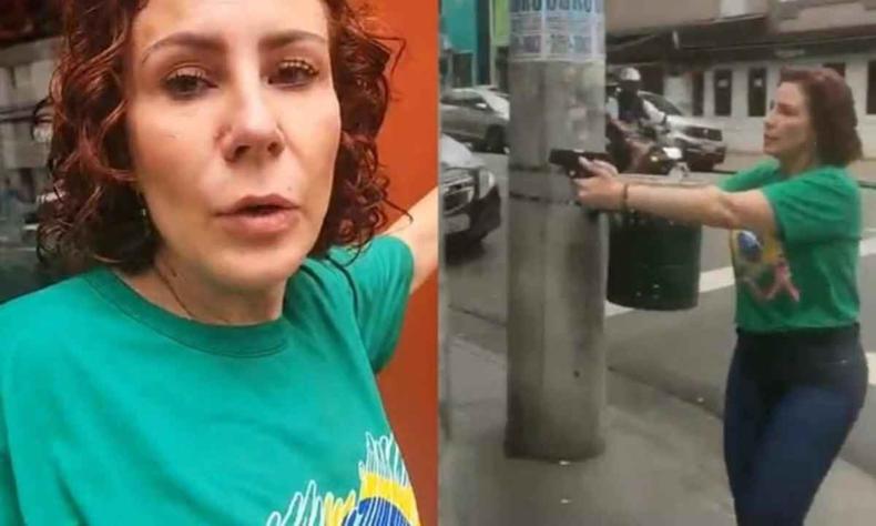 Nas vésperas das eleições, Carla Zambelli perseguiu um homem com arma na mão no bairro Jardins, em São Paulo, prática proibida pelo TSE(foto: Reprodução/Redes Sociais) Montagem com Zambelli em vídeo-selfie à esquerda. A imagem mostra uma mulher branca de cabelos ruivos e uma camisa verde. No lado direito, Zambelli aponta uma arma