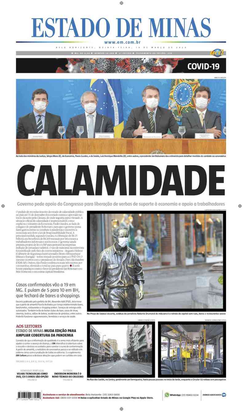 Confira a Capa do Jornal Estado de Minas do dia 19/03/2020(foto: Estado de Minas)