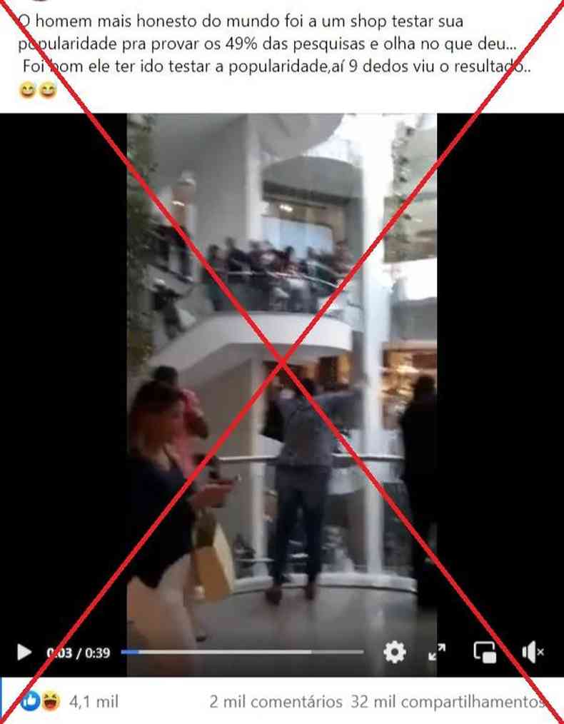 imagem de manifestao em shopping com um x vermelho indicando se tratar de material falso 