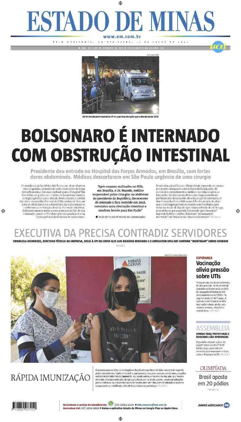Confira a Capa do Jornal Estado de Minas do dia 15/07/2021(foto: Estado de Minas)