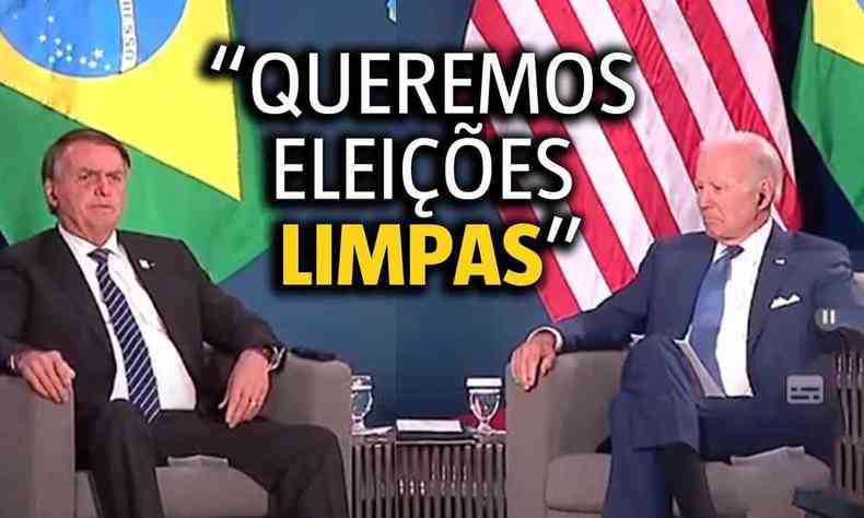 Presidente Jair Bolsonaro sentado ao lado de presidente Joe Biden, com as bandeiras do Brasil e dos EUA atrs