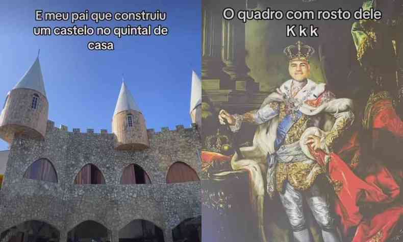 Montagem mostrando o castelo construido em Cubatão e um quadro com o rosto do proprietário como rei