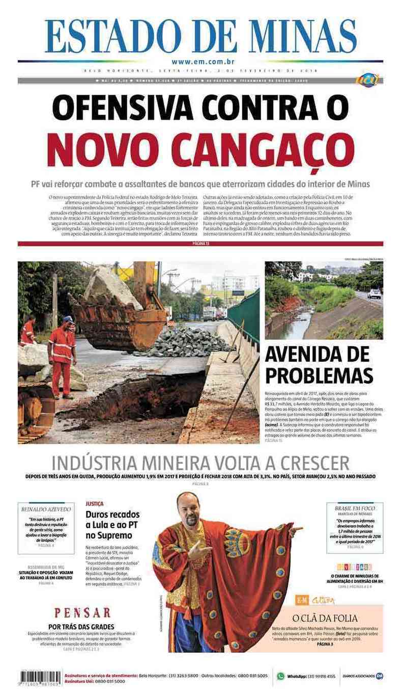 Confira a Capa do Jornal Estado de Minas do dia 02/02/2018