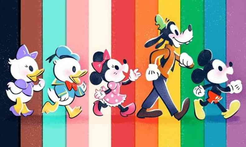Personagens Margarida, Donald, Minnie, Pateta e Mickey representados sobre um fundo com as cores de movimentos que defendem a diversidade