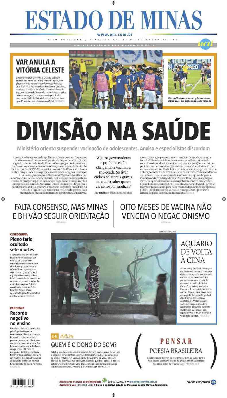 Confira a Capa do Jornal Estado de Minas do dia 17/09/2021
