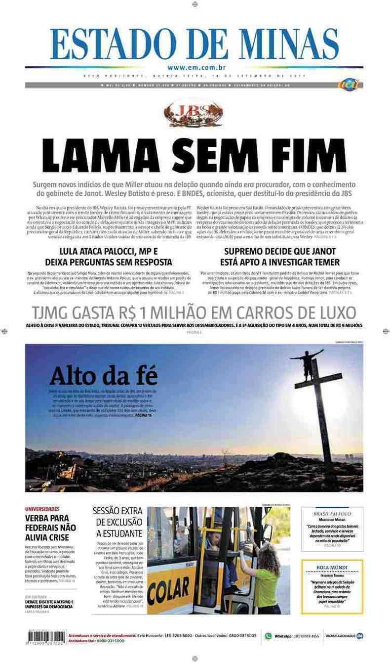 Confira a Capa do Jornal Estado de Minas do dia 14/09/2017