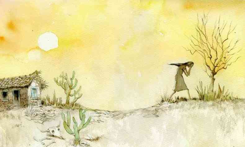 Ilustrao de Lelis mostra cena do serto. Sob a luz amarela do sol, h um casebre, cactus e mulher chorando