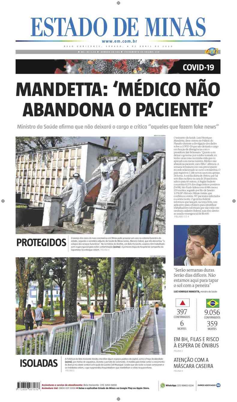 Confira a Capa do Jornal Estado de Minas do dia 04/04/2020(foto: Estado de Minas)
