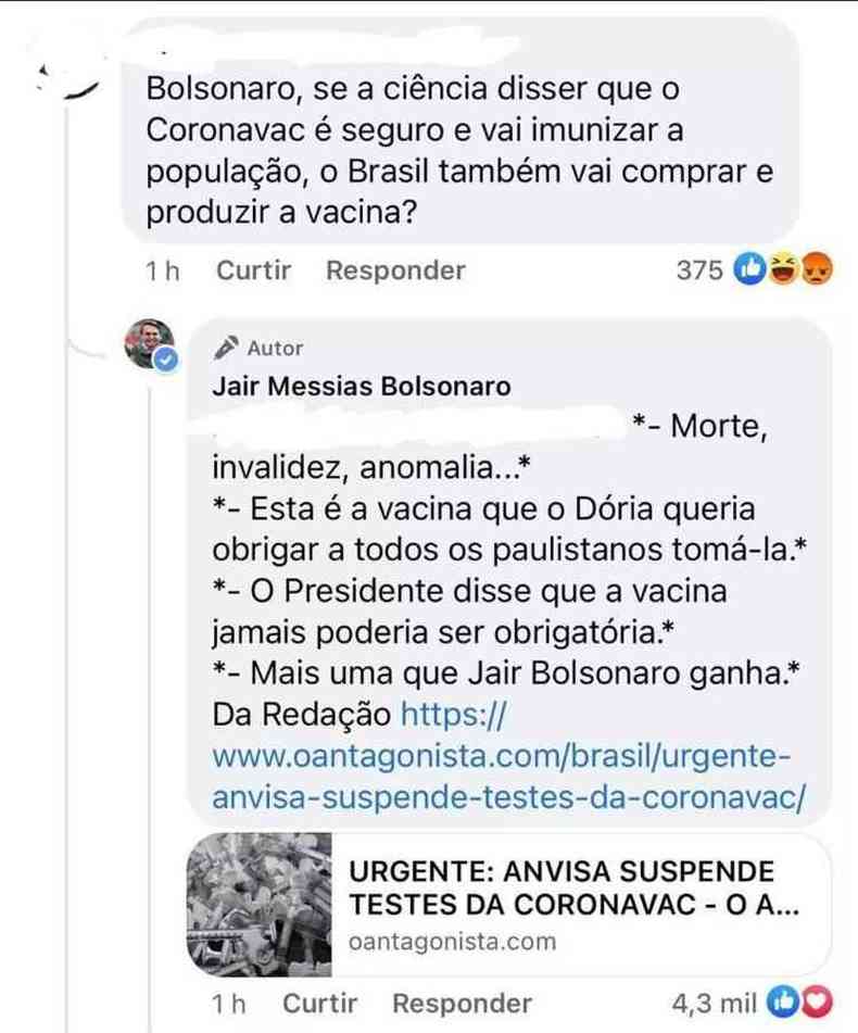 Por duas vezes, Bolsonaro rejeitou a compra de vacinas nas redes sociais(foto: Reproduo/Redes sociais)