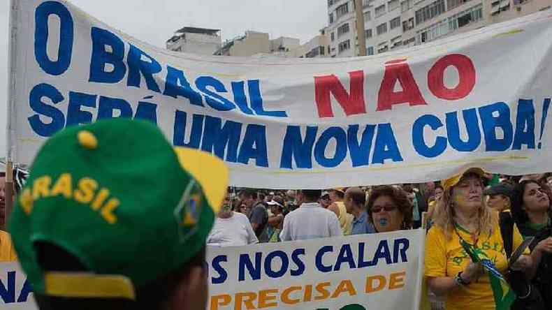 Manifestantes brasileiros com cartaz crtico a Cuba