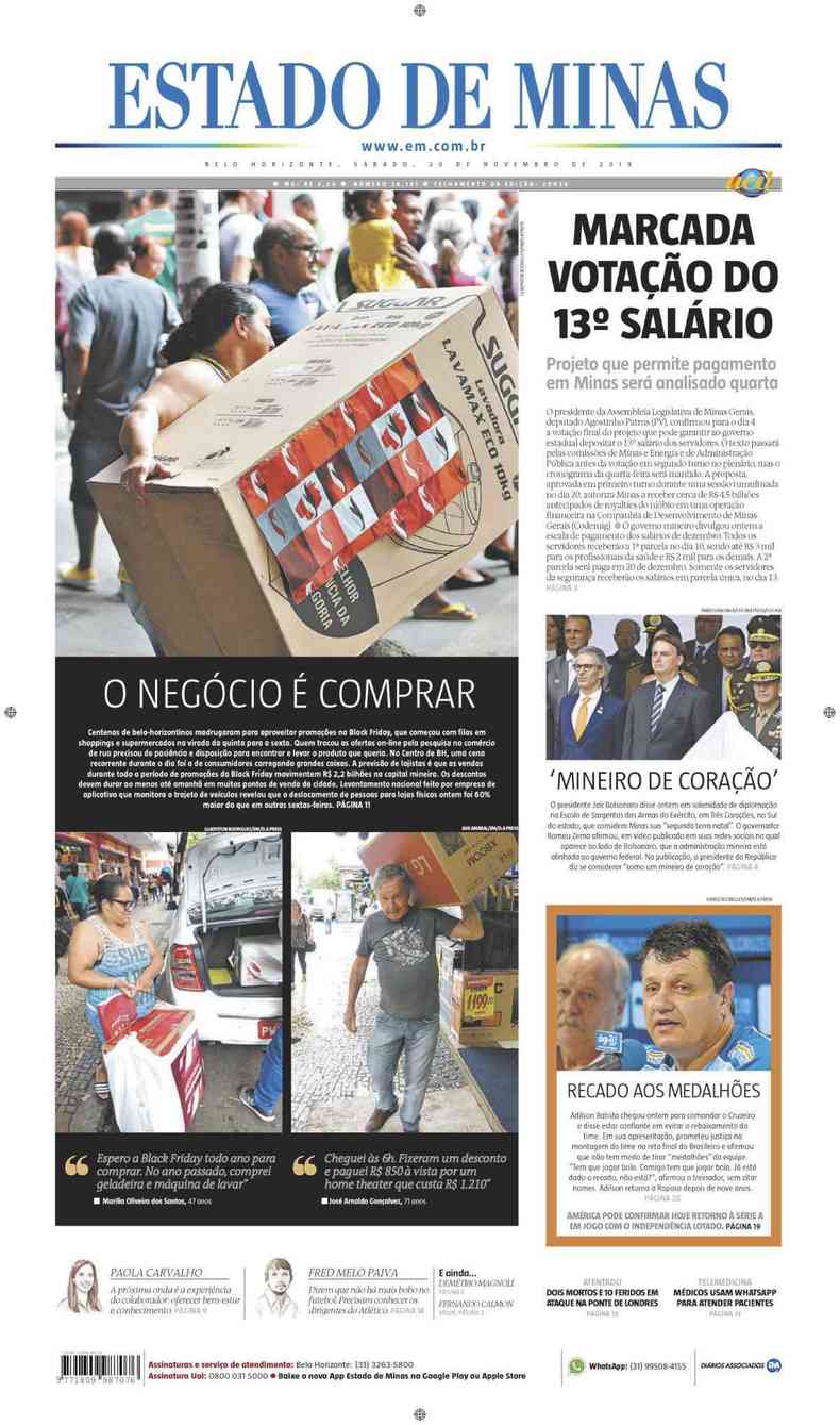 Confira a Capa do Jornal Estado de Minas do dia 30/11/2019(foto: Estado de Minas)