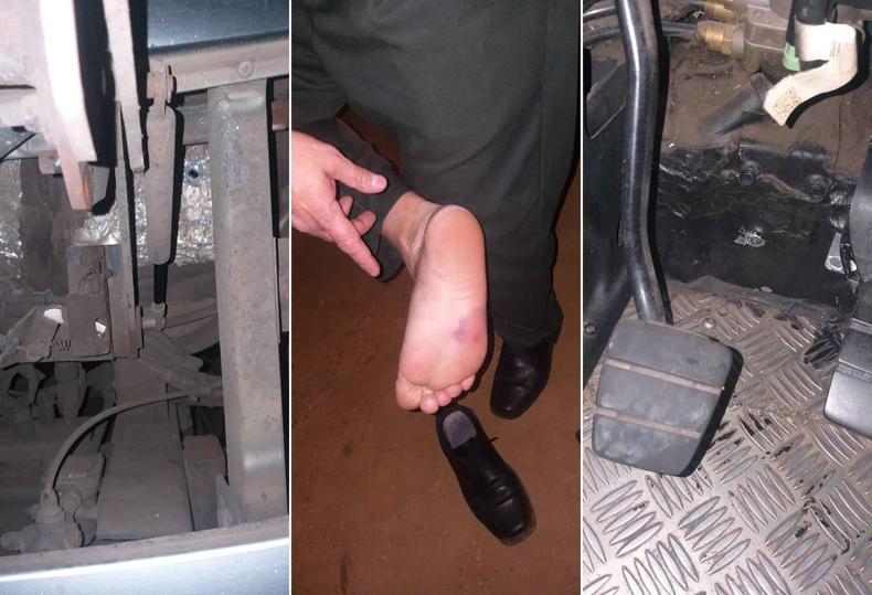 Imagens mostram perfuraes na lataria do nibus e vermelhido no p do motorista
