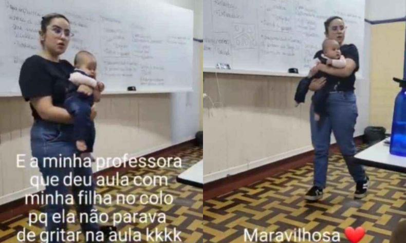 Dbora carregando o beb da aluna, Natlia