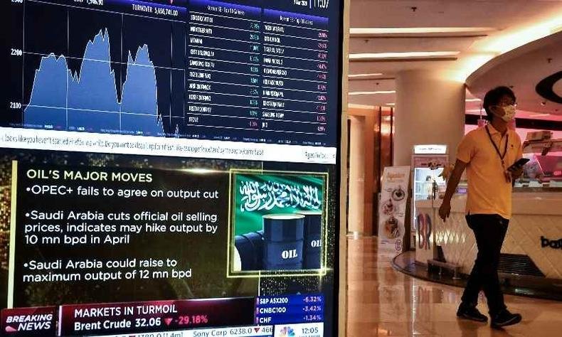 Homem com máscara passa por placa eletrônica com índice de ações da Ásia e notícias sobre o mercado de petróleo, em um shopping em Bangcoc(foto: Lillian SUWANRUMPHA / AFP) Homem com máscara passa por placa eletrônica com índice de ações da Ásia e notícias sobre o mercado de petróleo, em um shopping em Bangcoc(foto: Lillian SUWANRUMPHA / AFP)