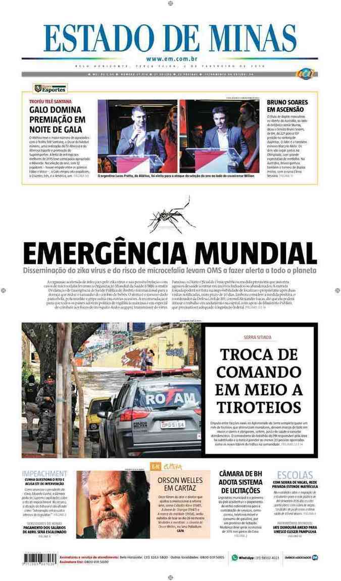 Confira a Capa do Jornal Estado de Minas do dia 02/02/2016