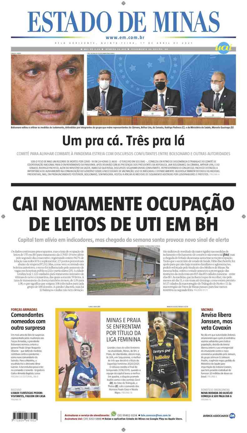 Confira a Capa do Jornal Estado de Minas do dia 01/04/2021(foto: Estado de Minas)