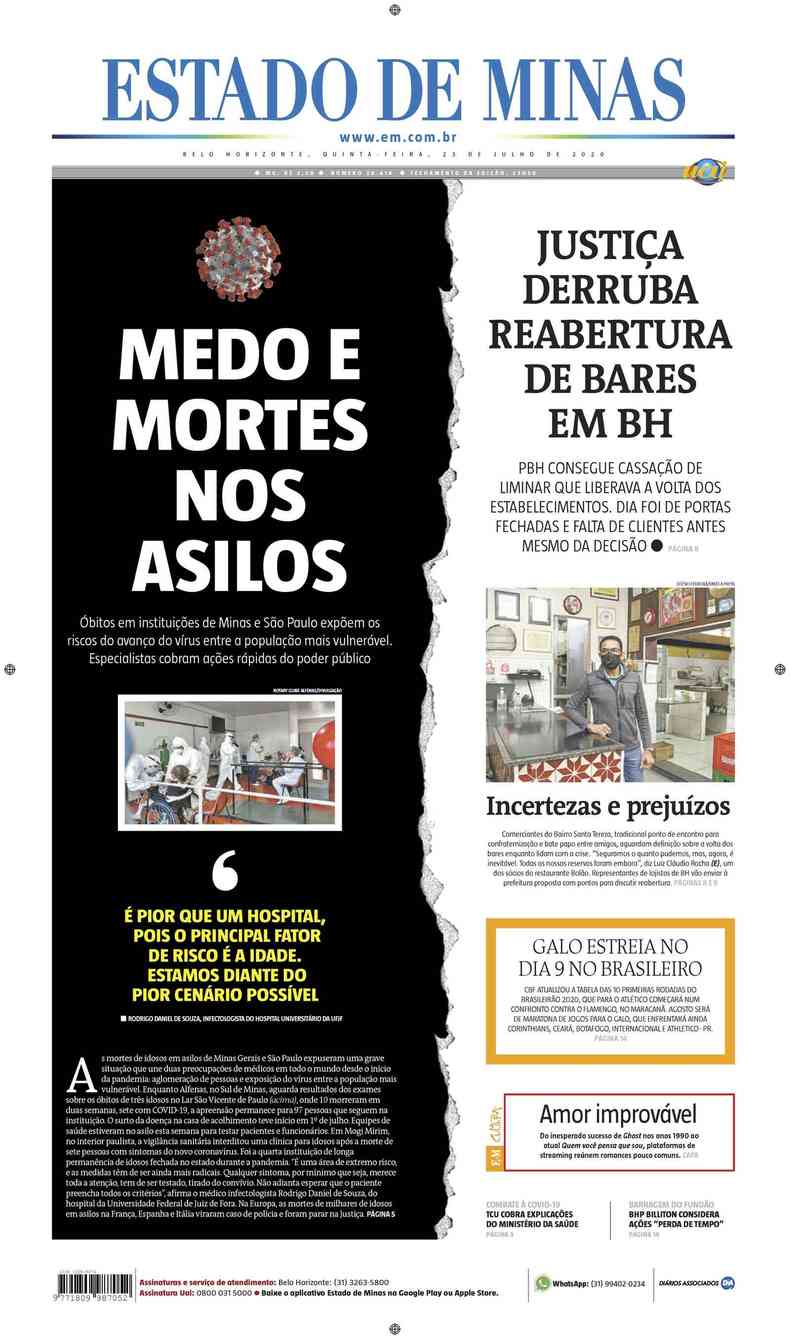 Confira a Capa do Jornal Estado de Minas do dia 23/07/2020(foto: Estado de Minas)