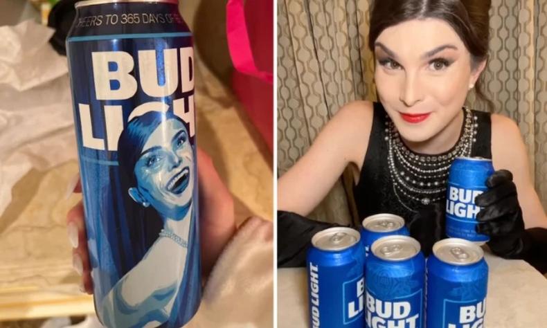 Ações da Bud Light caem após campanha com Dylan Mulvaney, uma influenciadora transgênero(foto: Instagram/Reprodução) Montagem com duas fotos: a da esquerda, mostra a lata estampada com o rosto de Dylan, e a da direita mostra Dylan, uma mulher transgênero branca de cabelos castanhos, com algumas latas de Bud Light