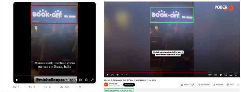 Comparao feita em 19 de julho de 2023 entre uma publicao no Twitter (E) e o vdeo publicado no YouTube pelo Poder360 em 2022