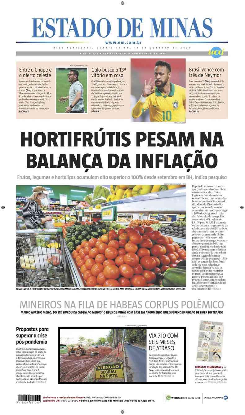 Confira a Capa do Jornal Estado de Minas do dia 14/10/2020(foto: Estado de Minas)