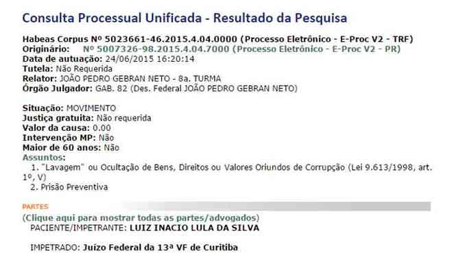 Imagem do protocolo com pedido de habeas corpus para o ex-presidente Lula