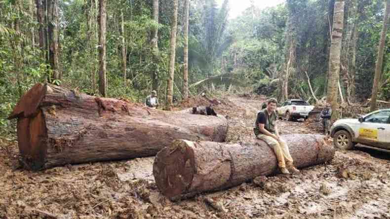 Ricardo Salles posou com tora de madeira ilegal apreendida em Itaituba II, no Par, em maio de 2021