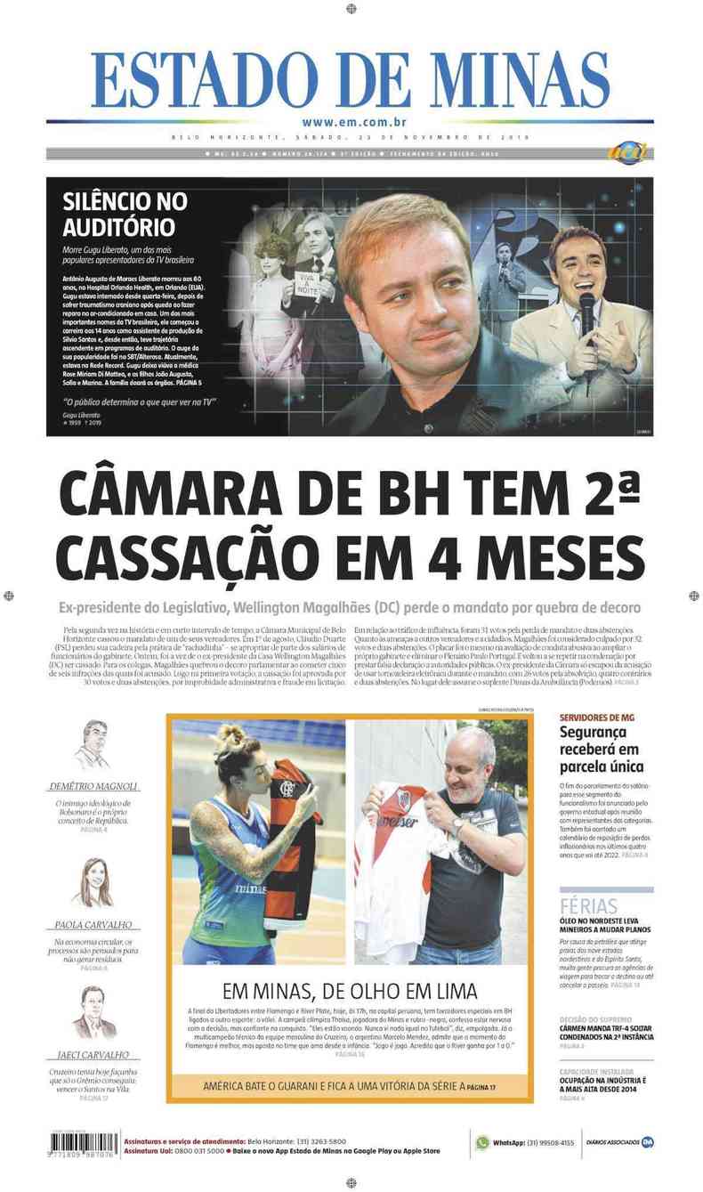 Confira a Capa do Jornal Estado de Minas do dia 23/11/2019(foto: Estado de Minas)