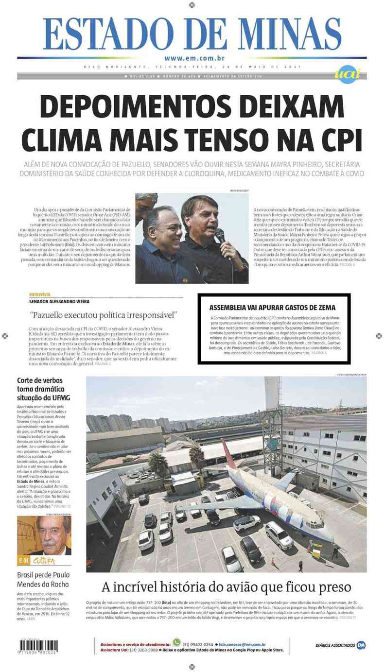 Confira a Capa do Jornal Estado de Minas do dia 24/05/2021(foto: Estado de Minas)
