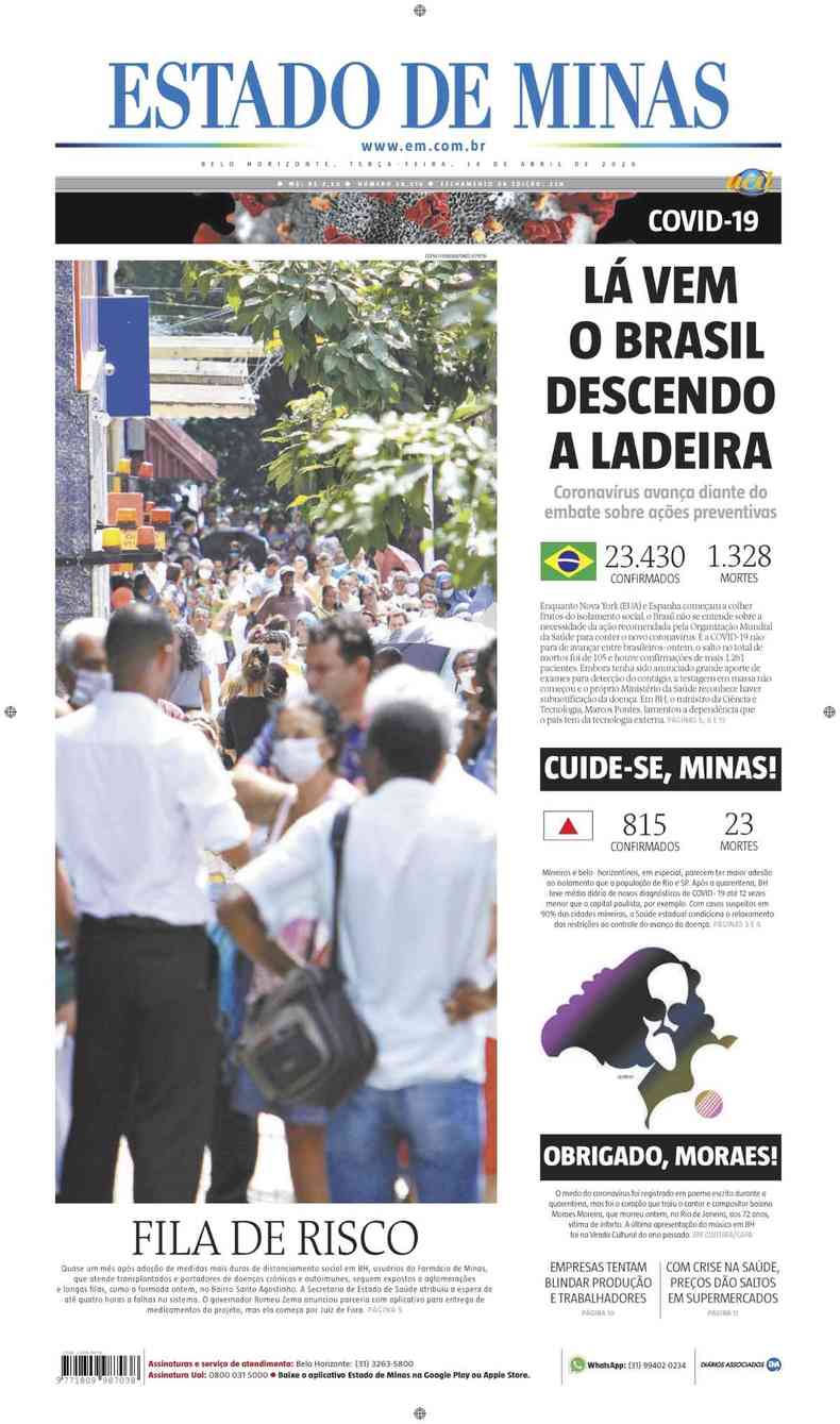 Confira a Capa do Jornal Estado de Minas do dia 14/04/2020(foto: Estado de Minas)